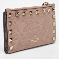 Valentino Beige Leather Rockstud Zip Card Holder