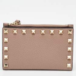 Valentino Beige Leather Rockstud Zip Card Holder