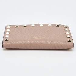 Valentino Beige Leather Rockstud Zip Card Holder