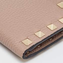 Valentino Beige Leather Rockstud Zip Card Holder