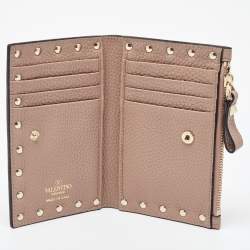 Valentino Beige Leather Rockstud Zip Card Holder