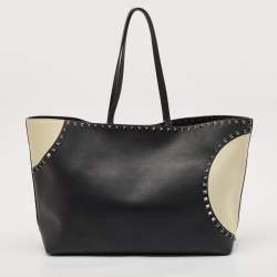Pre Owned Valentino Black/Ivory Leather Rockstud Shopper Tote