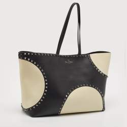 Pre Owned Valentino Black/Ivory Leather Rockstud Shopper Tote