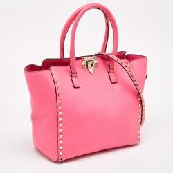 Pre Owned Valentino Hot Pink Leather Medium Rockstud Trapeze Tote