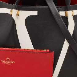 Pre Owned Valentino Black/White Leather Medium VLogo Escape Tote