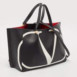 Pre Owned Valentino Black/White Leather Medium VLogo Escape Tote