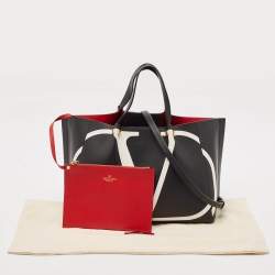 Pre Owned Valentino Black/White Leather Medium VLogo Escape Tote