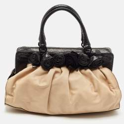 Valentino Beige/Black Leather and Watersnake Lacca Fleur Frame Satchel