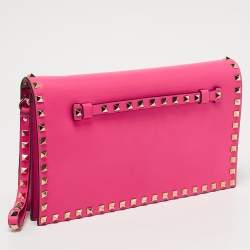 Pre Owned Valentino Hot Pink Leather Rockstud Flap Wristlet Clutch