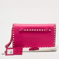 Pre Owned Valentino Hot Pink Leather Rockstud Flap Wristlet Clutch
