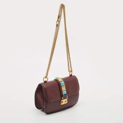 Pre Owned Valentino Burgundy Leather Small Rolling Rockstud Glam Lock Flap Bag
