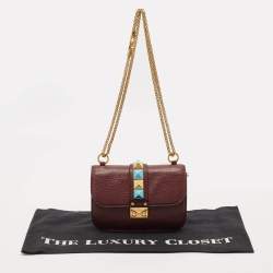 Pre Owned Valentino Burgundy Leather Small Rolling Rockstud Glam Lock Flap Bag