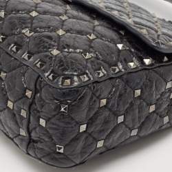 Valentino Black Quilted Crackle Leather Medium Rockstud Spike Top Handle Bag