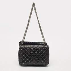 Valentino Black Quilted Crackle Leather Medium Rockstud Spike Top Handle Bag
