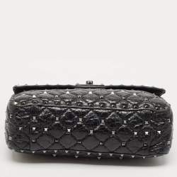 Valentino Black Quilted Crackle Leather Medium Rockstud Spike Top Handle Bag