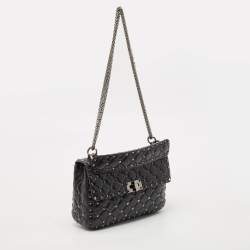 Valentino Black Quilted Crackle Leather Medium Rockstud Spike Top Handle Bag
