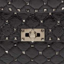Valentino Black Quilted Crackle Leather Medium Rockstud Spike Top Handle Bag