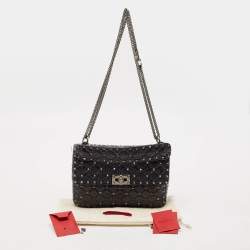 Valentino Black Quilted Crackle Leather Medium Rockstud Spike Top Handle Bag