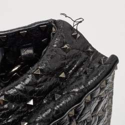 Valentino Black Quilted Crackle Leather Medium Rockstud Spike Top Handle Bag