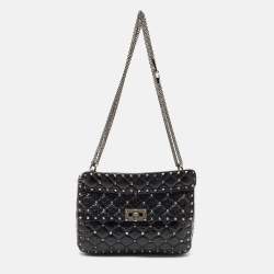 Valentino Black Quilted Crackle Leather Medium Rockstud Spike Top Handle Bag