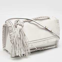 Pre Owned Valentino White Leather Fringe Tassel Flap Shoulder Bag