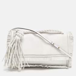 Pre Owned Valentino White Leather Fringe Tassel Flap Shoulder Bag