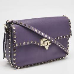 Pre Owned Valentino Purple Leather Rockstud Flap Shoulder Bag