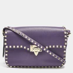 Pre Owned Valentino Purple Leather Rockstud Flap Shoulder Bag