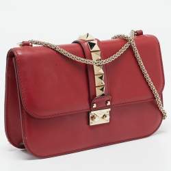 Pre Owned Valentino Red Leather Medium Glam Lock Chain Shoulder Bag