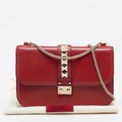 Pre Owned Valentino Red Leather Medium Glam Lock Chain Shoulder Bag