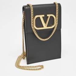 Pre Owned Valentino Black Leather VLogo Crossbody Bag