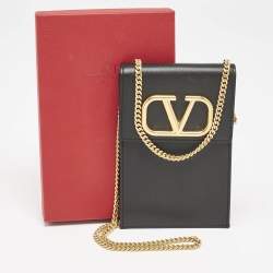Pre Owned Valentino Black Leather VLogo Crossbody Bag