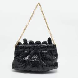 Valentino Black Snakeskin Fleur Chain Clutch