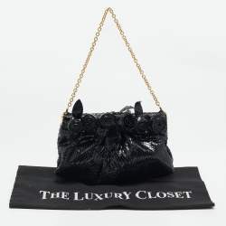 Valentino Black Snakeskin Fleur Chain Clutch