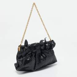 Valentino Black Snakeskin Fleur Chain Clutch
