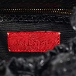 Valentino Black Snakeskin Fleur Chain Clutch