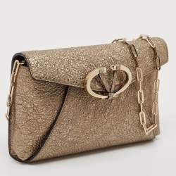 Valentino Gold Crinkled Leather V Rivet Clutch Bag