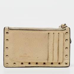 Valentino Cream Leather Rockstud Zip Card Case