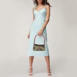 Valentino Green/Red Canvas and Lizard Leather V Logo Shoulder Bag