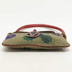 Valentino Green/Red Canvas and Lizard Leather V Logo Shoulder Bag