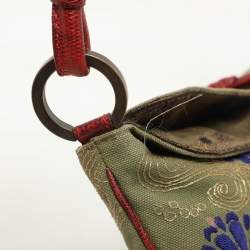Valentino Green/Red Canvas and Lizard Leather V Logo Shoulder Bag