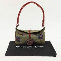 Valentino Green/Red Canvas and Lizard Leather V Logo Shoulder Bag