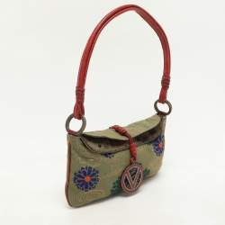 Valentino Green/Red Canvas and Lizard Leather V Logo Shoulder Bag