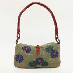 Valentino Green/Red Canvas and Lizard Leather V Logo Shoulder Bag