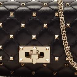 Pre Owned Valentino Black Quilted Leather Rockstud Spike Chain Shoulder Bag