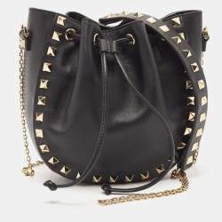 Valentino Black Leather Mini Rockstud Chain Bucket Bag