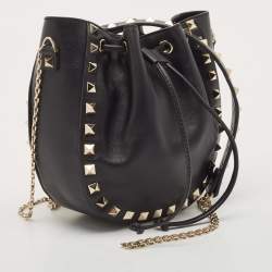 Valentino Black Leather Mini Rockstud Chain Bucket Bag