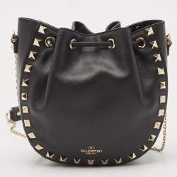Valentino Black Leather Mini Rockstud Chain Bucket Bag