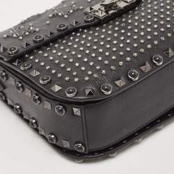 Valentino Black Leather Medium Star Crystal Rolling Rockstud Shoulder Bag