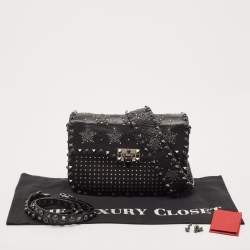 Valentino Black Leather Medium Star Crystal Rolling Rockstud Shoulder Bag
